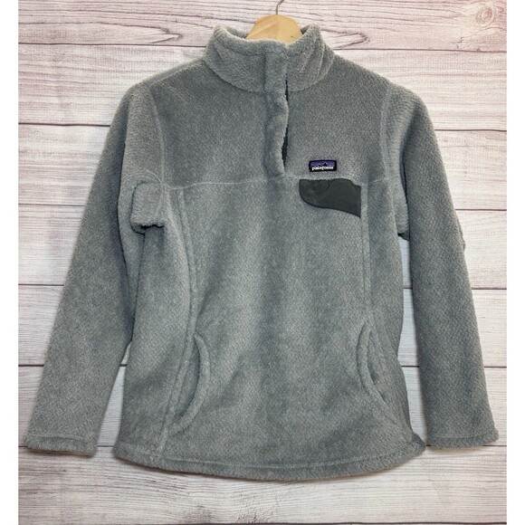 Girl's Patagonia Gray Polartec Fleece Pullover Pockets Snap Long-Sleeve - 12 - Picture 1 of 15